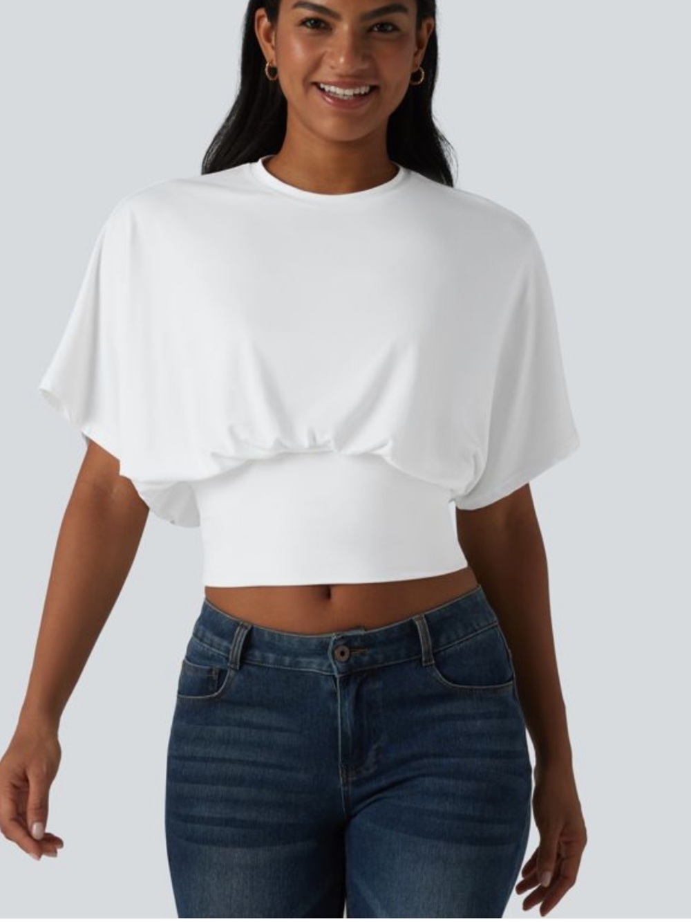HALARA  Round Neck Batwing Sleeve Casual White Short-Sleeve Elastic-Hem Crop Top